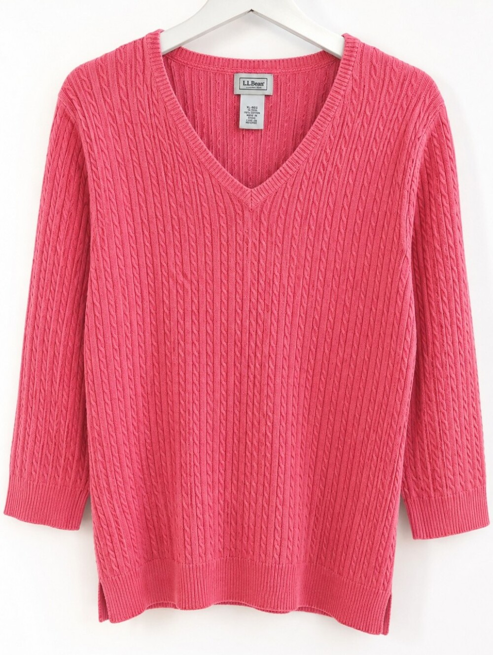 L.L.Bean Cable Knit V-Neck Sweater XL Coral Pink Cotton Blend Preppy Coastal